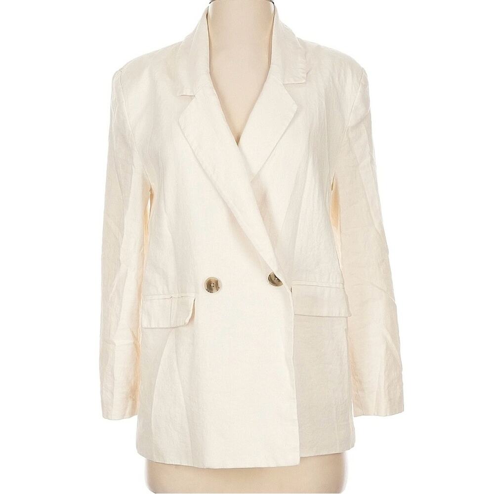 Old Navy Double Breasted Linen Blend Suit Blazer Shoulder Padding Relaxed Large